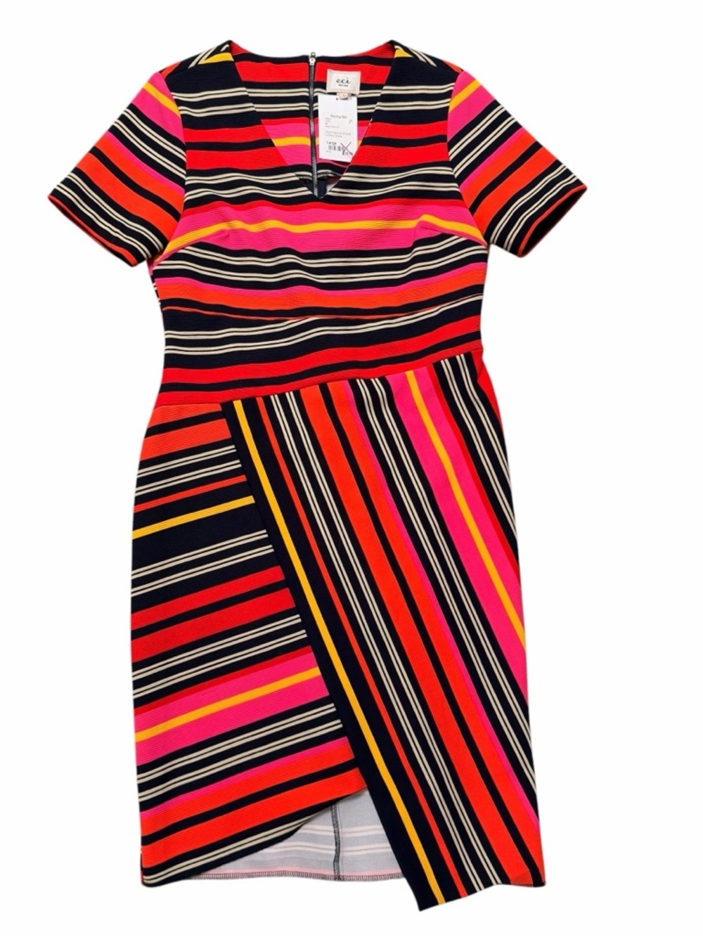 ECI New Size Large Dress Pink Red Orange Navy Striped Midi Back Zip